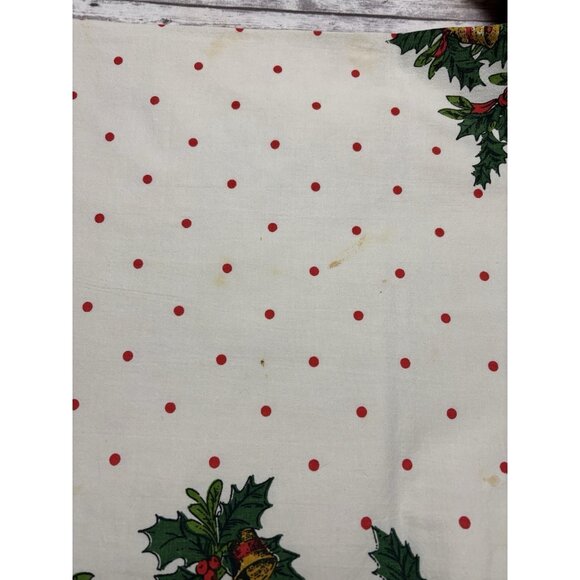 Vintage Christmas Printed Tablecloth Red Bows Ribbons Polka Dots 1950s Red Green - Picture 5 of 16
